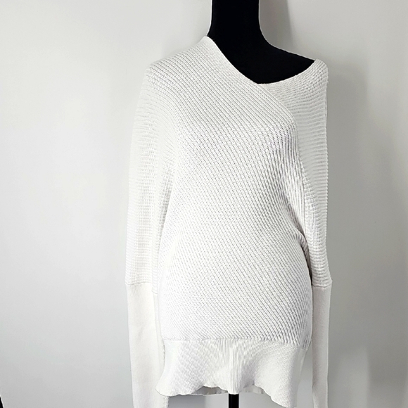 Express Ribbed Vneck Asymmetric Off Shoulder Dolman Sleeve White Knit Sweater - Picture 1 of 11